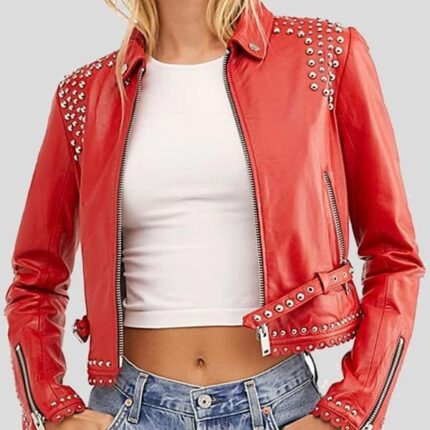 STUDDED RED CROPPED LEATHER JACKET