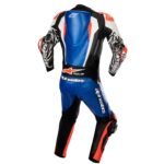 The Racing Absolute v2 is a top-level professional-grade racing suit incorporating all the same lightest-weight and most-advanced materials and technologies that the world’s fastest MotoGP and WorldSBK riders wear on the track. Aside from its complete kangaroo leather construction, with dual kangaroo leather layers in all the highest abrasion-prone areas like the elbows, forearms, seat, hips, and back, the Racing Absolute v2 also features Kevlar® reinforced stretch inserts at the crotch, inner arms, and armpit areas. The bonded Kevlar® Grid provides increased cut, tear, and abrasion resistance, as well as offers highly reduced heat transfer to the rider’s body generated from any friction during a slide on the asphalt. Another key material technology advancement found in the Racing Absolute v2 is the use of Alpinestars Composite Stretch technology, A-CS®Tech. Incorporated all throughout the suit, A-CS®Tech is found in the suit’s, side torso, shoulder blades, and upper knee areas, replacing the original leather accordion panels. A-CS®Tech material provides increased breathability, comfort, and freedom of movement, and offers lower weight and a lower profile than accordion leather (the A-CS®Tech panels are about 9% lighter than leather panels). In addition, the suit has leather accordion panels in the lower back and main flexion zones of the suit. Featuring a good level of stretchability, A-CS®Tech has about 30% elongation and offers an increase in tear resistance of 248% compared to standard racing stretch fiber and an increase in tear resistance of 570% versus leather. The technologically advanced Racing Absolute v2 Suit offers comparable performance to kangaroo leather, with even higher impact abrasion test results. The use of A-CS®Tech signifies a noteworthy advancement and improvement in protective performance materials. The Racing Absolute v2 also incorporates Matryx® material on the lower leg for even further weight reduction and breathability. Found in the inner arms, crotch, back of the legs, collar, and pectoral areas, the suit has Kevlar®-reinforced stretch panels that provide high elasticity for freedom of movement, and an increased level of protection. The Racing Absolute v2’s construction has schoeller®-keprotec seam reinforcements at the elbows and knees, GP DFS external sliders on the shoulders, knees, and elbows, all-new race-grade GP-R PRO CE Level 2 shoulder, elbow, forearm, and knee armor, and CE Level 1 Bioflex racing version hip protectors. With all its technology and protection, the suit sets a new standard for Alpinestars Professional Racing apparel. The Racing Absolute v2 is Alpinestars’ top-of-the-line MotoGP level suit.