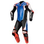 The Racing Absolute v2 is a top-level professional-grade racing suit incorporating all the same lightest-weight and most-advanced materials and technologies that the world’s fastest MotoGP and WorldSBK riders wear on the track. Aside from its complete kangaroo leather construction, with dual kangaroo leather layers in all the highest abrasion-prone areas like the elbows, forearms, seat, hips, and back, the Racing Absolute v2 also features Kevlar® reinforced stretch inserts at the crotch, inner arms, and armpit areas. The bonded Kevlar® Grid provides increased cut, tear, and abrasion resistance, as well as offers highly reduced heat transfer to the rider’s body generated from any friction during a slide on the asphalt. Another key material technology advancement found in the Racing Absolute v2 is the use of Alpinestars Composite Stretch technology, A-CS®Tech. Incorporated all throughout the suit, A-CS®Tech is found in the suit’s, side torso, shoulder blades, and upper knee areas, replacing the original leather accordion panels. A-CS®Tech material provides increased breathability, comfort, and freedom of movement, and offers lower weight and a lower profile than accordion leather (the A-CS®Tech panels are about 9% lighter than leather panels). In addition, the suit has leather accordion panels in the lower back and main flexion zones of the suit. Featuring a good level of stretchability, A-CS®Tech has about 30% elongation and offers an increase in tear resistance of 248% compared to standard racing stretch fiber and an increase in tear resistance of 570% versus leather. The technologically advanced Racing Absolute v2 Suit offers comparable performance to kangaroo leather, with even higher impact abrasion test results. The use of A-CS®Tech signifies a noteworthy advancement and improvement in protective performance materials. The Racing Absolute v2 also incorporates Matryx® material on the lower leg for even further weight reduction and breathability. Found in the inner arms, crotch, back of the legs, collar, and pectoral areas, the suit has Kevlar®-reinforced stretch panels that provide high elasticity for freedom of movement, and an increased level of protection. The Racing Absolute v2’s construction has schoeller®-keprotec seam reinforcements at the elbows and knees, GP DFS external sliders on the shoulders, knees, and elbows, all-new race-grade GP-R PRO CE Level 2 shoulder, elbow, forearm, and knee armor, and CE Level 1 Bioflex racing version hip protectors. With all its technology and protection, the suit sets a new standard for Alpinestars Professional Racing apparel. The Racing Absolute v2 is Alpinestars’ top-of-the-line MotoGP level suit.