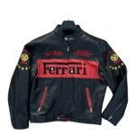 Ferrari Racing Black Motorcycle Riding Gear Cowhide Leather Biker Jacket 2