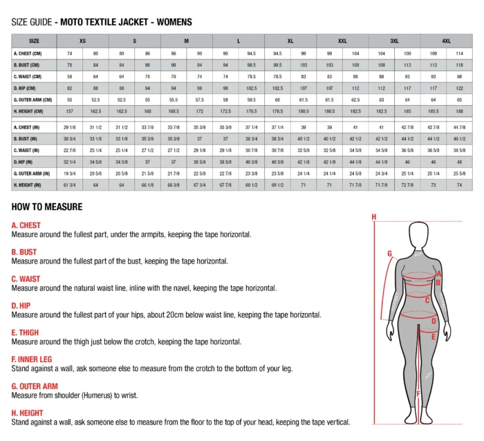 women jacket size chart