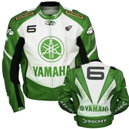 Yamaha Rocket Motorcycle Green White Leather Biker Jacket