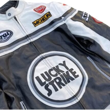 LUCKY STRIKE BIKER STREETWEAR FASHION MOTORCYCLE COWHIDE LEATHER RACING JACKET
