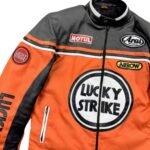 NARSON LUCKY STRIKE ORANGE AS BLACK MOTORCYCLE RIDING GEAR COWHIDE LEATHER BIKER JACKET