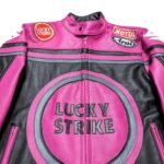 NARSON LUCKY STRIKE RACING MOTORCYCLE PINK AS BLACK LEATHER BIKER JACKET