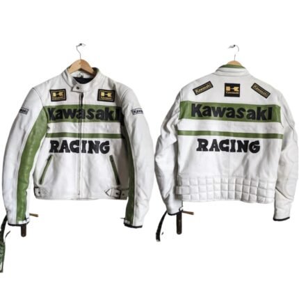 NARSON KAWASAKI RACING WHITE MOTORCYCLE BIKER LEATHER JACKET