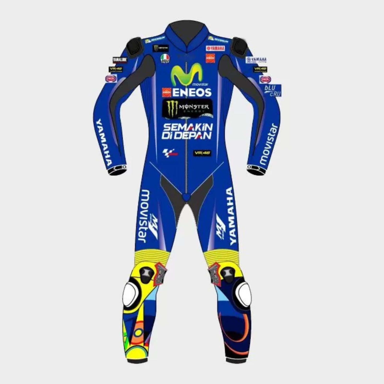 2 YAMAHA VALENTINO ROSSI 2017 MODEL LEATHER SUIT BLUE