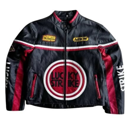 NARSON LUCKY STRIKE BLACK MOTORCYCLE FASHION STREETWEAR CLASSIC LEATHER JACKET