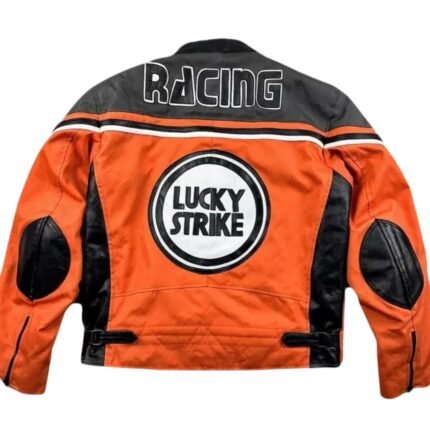 NARSON LUCKY STRIKE ORANGE AS BLACK MOTORCYCLE RIDING GEAR COWHIDE LEATHER BIKER JACKET