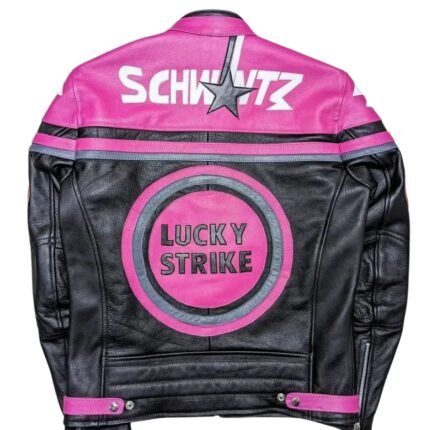 NARSON LUCKY STRIKE RACING MOTORCYCLE PINK AS BLACK LEATHER BIKER JACKET