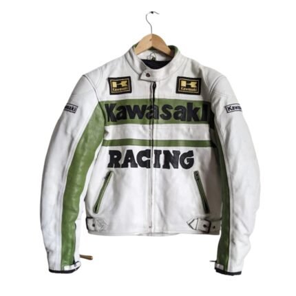 NARSON KAWASAKI RACING WHITE MOTORCYCLE BIKER LEATHER JACKET