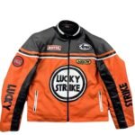 NARSON LUCKY STRIKE ORANGE AS BLACK MOTORCYCLE RIDING GEAR COWHIDE LEATHER BIKER JACKET