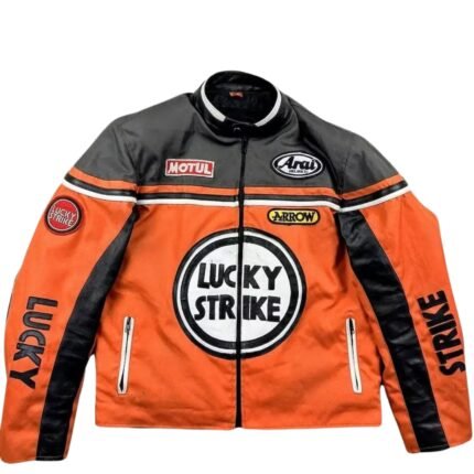NARSON LUCKY STRIKE ORANGE AS BLACK MOTORCYCLE RIDING GEAR COWHIDE LEATHER BIKER JACKET