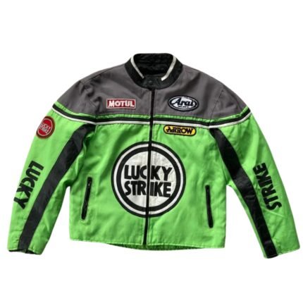 NARSON LUCKY STRIKE GREEN AS GRAY MOTORCYCLE RIDING GEAR COWHIDE LEATHER BIKER JACKET