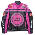 NARSON LUCKY STRIKE RACING MOTORCYCLE PINK AS BLACK LEATHER BIKER JACKET