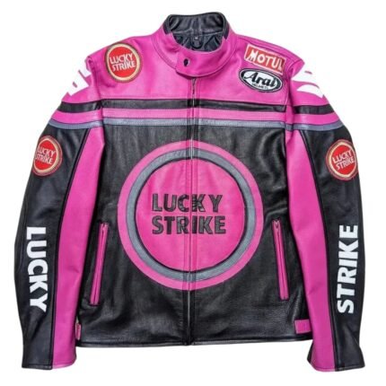 NARSON LUCKY STRIKE RACING MOTORCYCLE PINK AS BLACK LEATHER BIKER JACKET