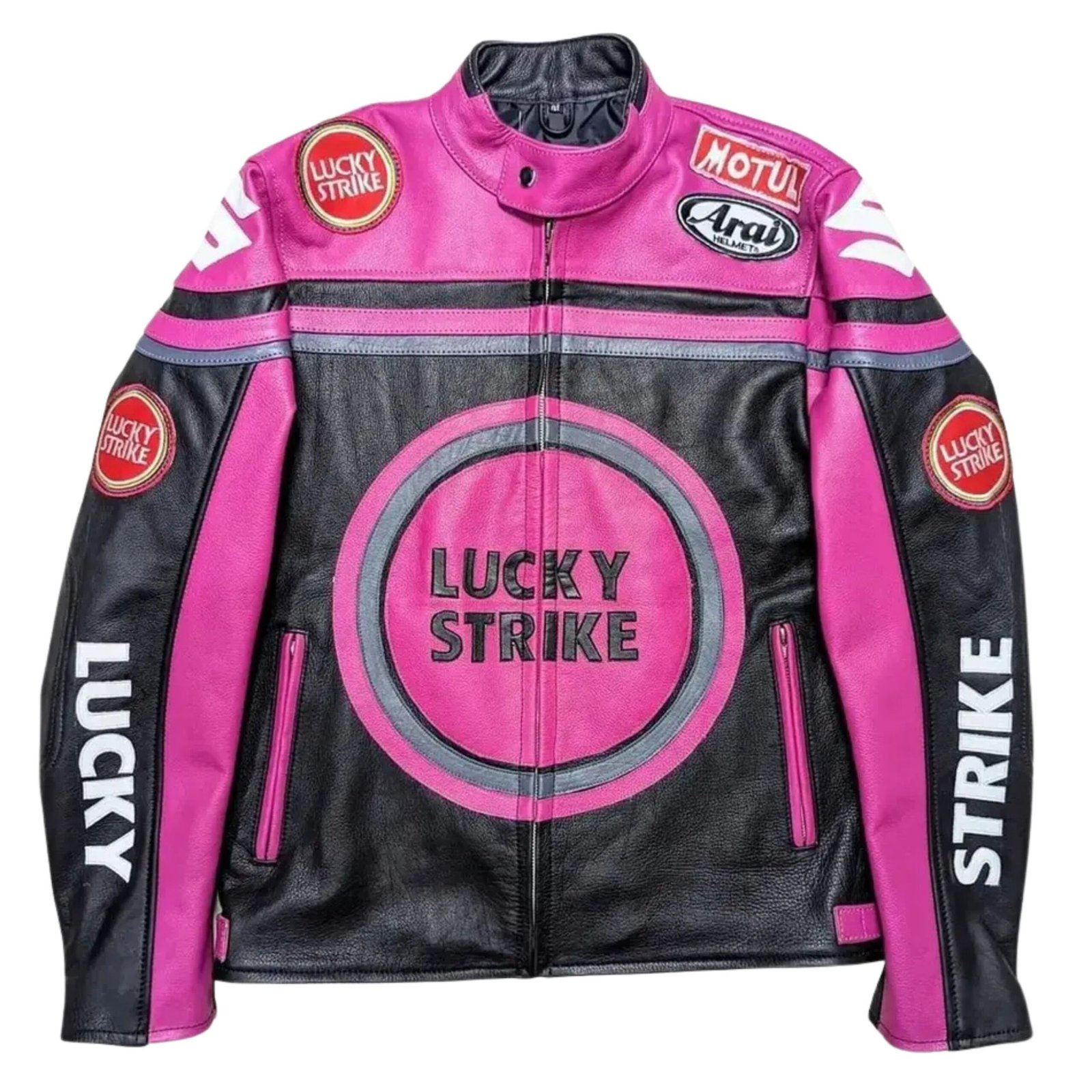 4 NARSON LUCKY STRIKE RACING MOTORCYCLE PINK AS BLACK LEATHER BIKER JACKET