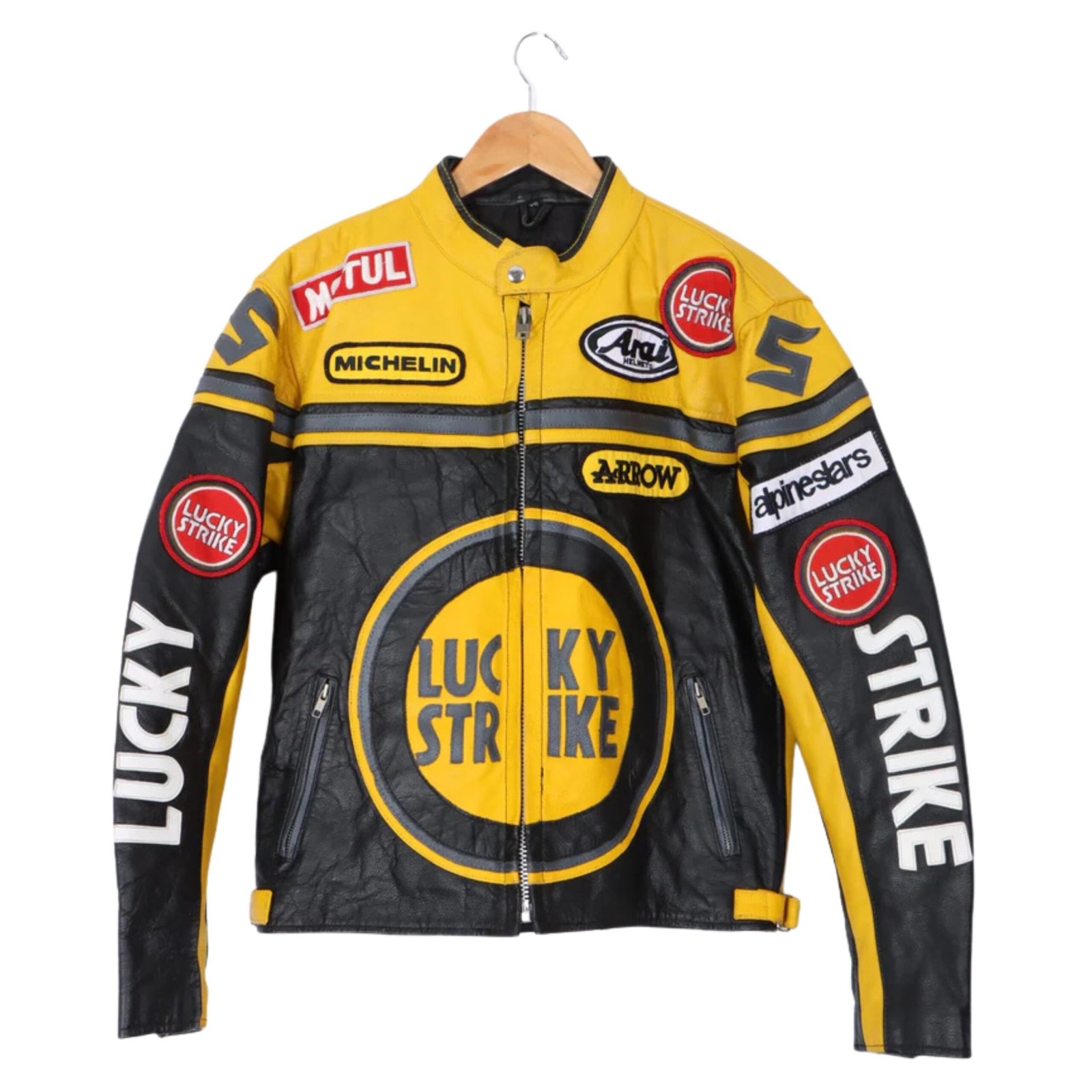 4 NARSON LUCKY STRIKE RACING YELLOW AS BLACK LEATHER BIKER JACKET