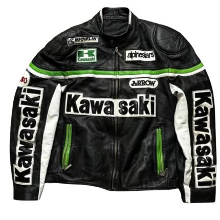 NARSON KAWASAKI RACING BLACK MOTORCYCLE CE ARMORS COWHIDE LEATHER JACKET