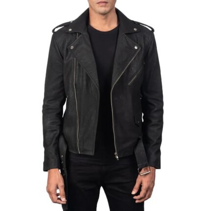 ALLARIC ALLEY DISTRESSED BLACK LEATHER BIKER JACKET