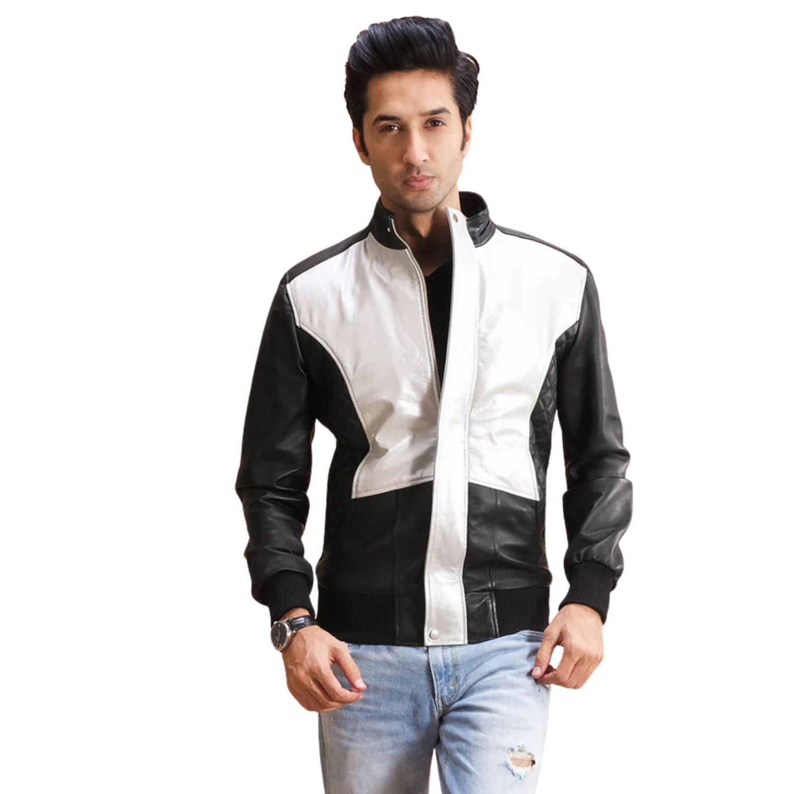1 SPADE SILVER BLACK LEATHER BOMBER JACKET