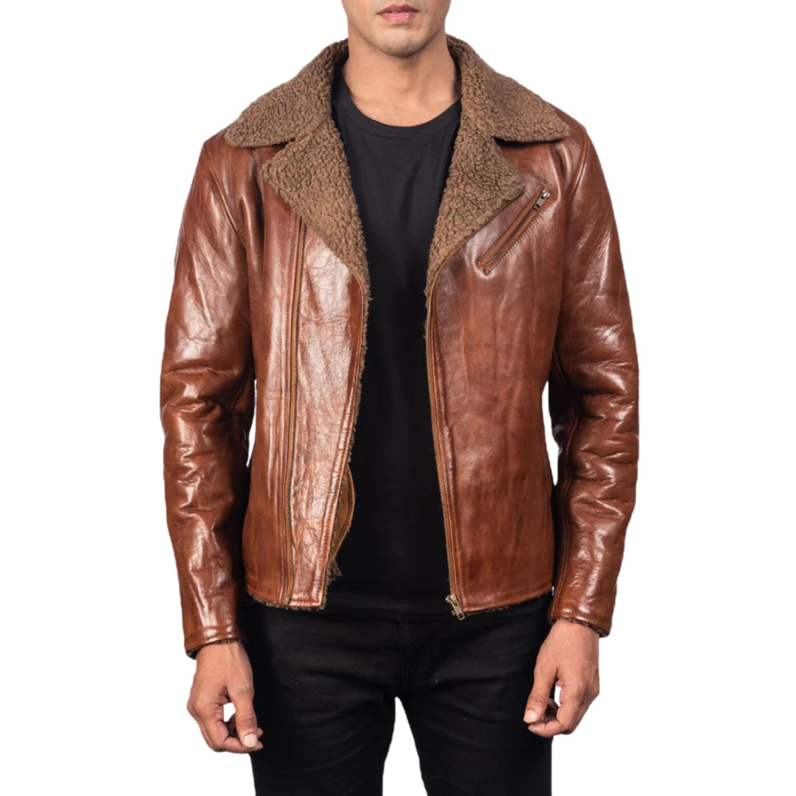 1 ALBERTO SHEARLING BROWN LEATHER JACKET