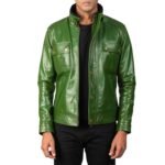 DARREN DISTRESSED GREEN LEATHER BIKER JACKET