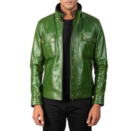 DARREN DISTRESSED GREEN LEATHER BIKER JACKET