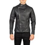 Faisor black leather biker jacket with sleek design, durable leather, and bold detailing for a stylish, edgy, and timeless look on or off the bike.