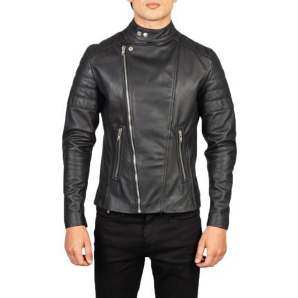 Faisor black leather biker jacket with sleek design, durable leather, and bold detailing for a stylish, edgy, and timeless look on or off the bike.