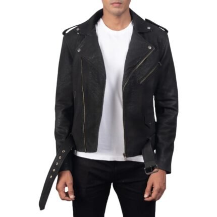 FURTON DISRESSED BLACK LEATHER BIKER JACKET