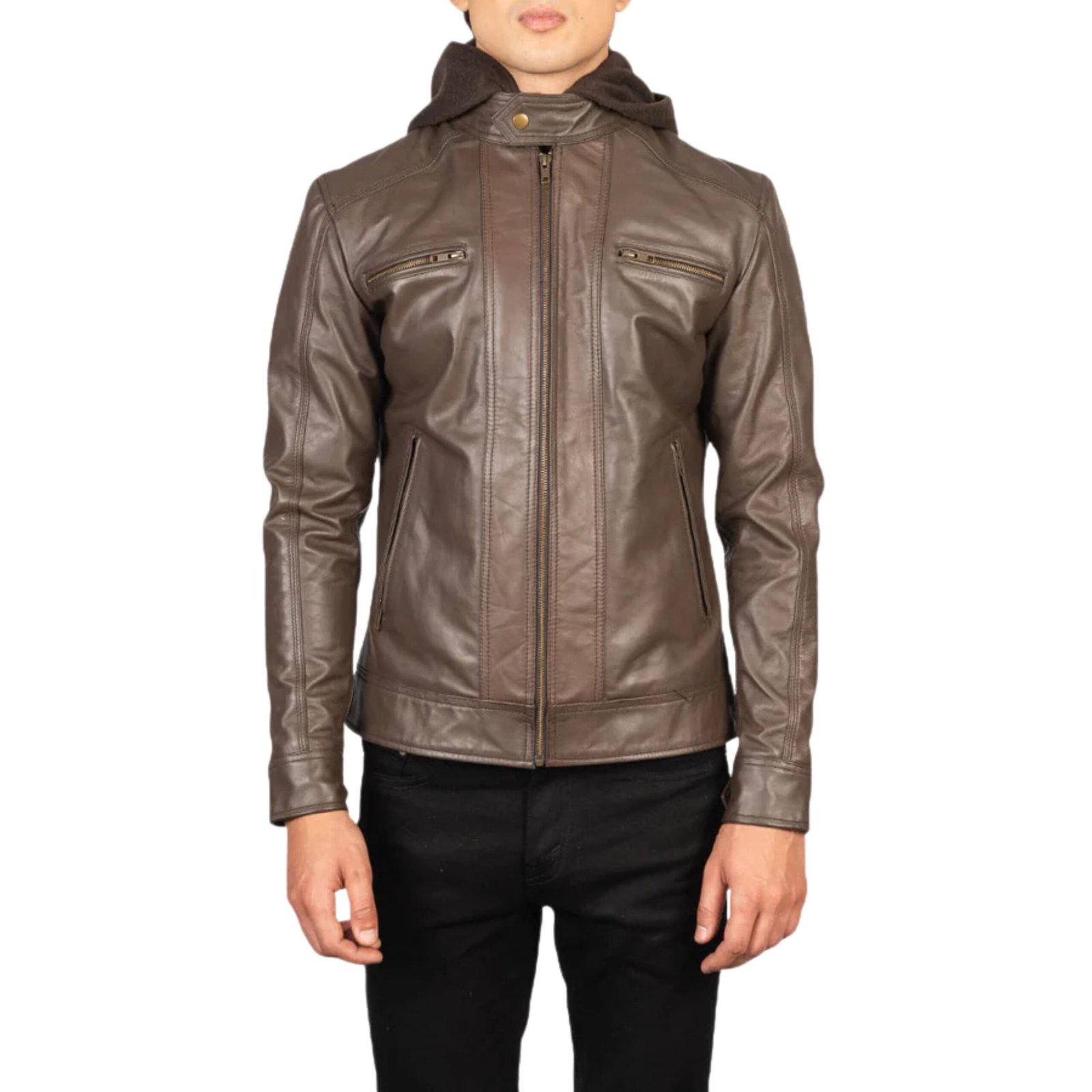 1 HECTOR BROWN HOODED LEATHER BIKER JACKET