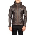 HECTOR VINTAGE BROWN HOODED LEATHER BIKER JACKET