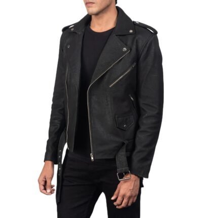 ALLARIC ALLEY DISTRESSED BLACK LEATHER BIKER JACKET