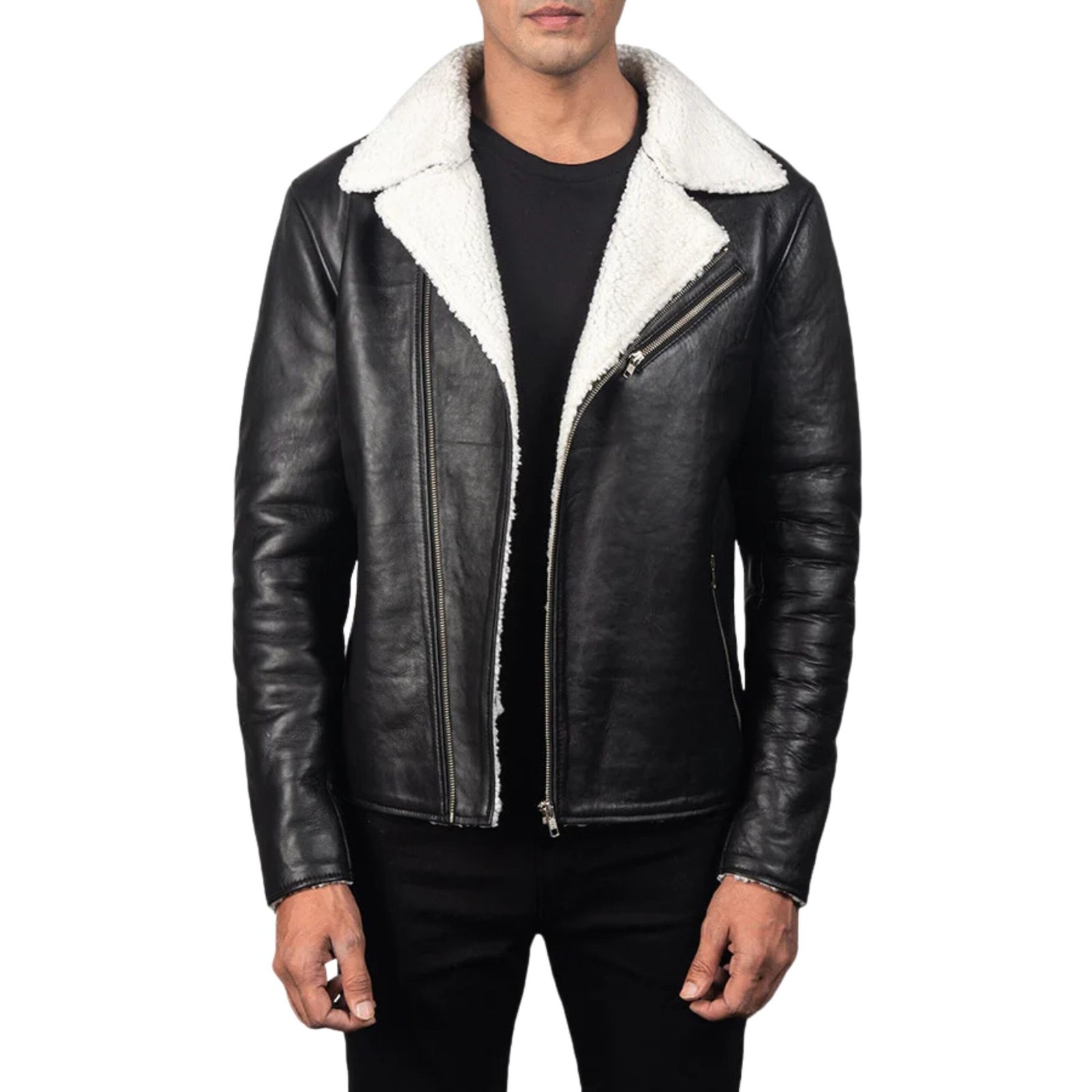 2 ALBERTO WHITE SHEARLING BLACK LEATHER JACKET