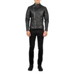 Faisor black leather biker jacket with sleek design, durable leather, and bold detailing for a stylish, edgy, and timeless look on or off the bike.