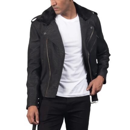 FURTON DISRESSED BLACK LEATHER BIKER JACKET