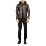 HECTOR VINTAGE BROWN HOODED LEATHER BIKER JACKET