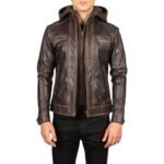 HECTOR VINTAGE BROWN HOODED LEATHER BIKER JACKET