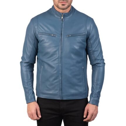 IONIC BLUE LEATHER BIKER JACKET