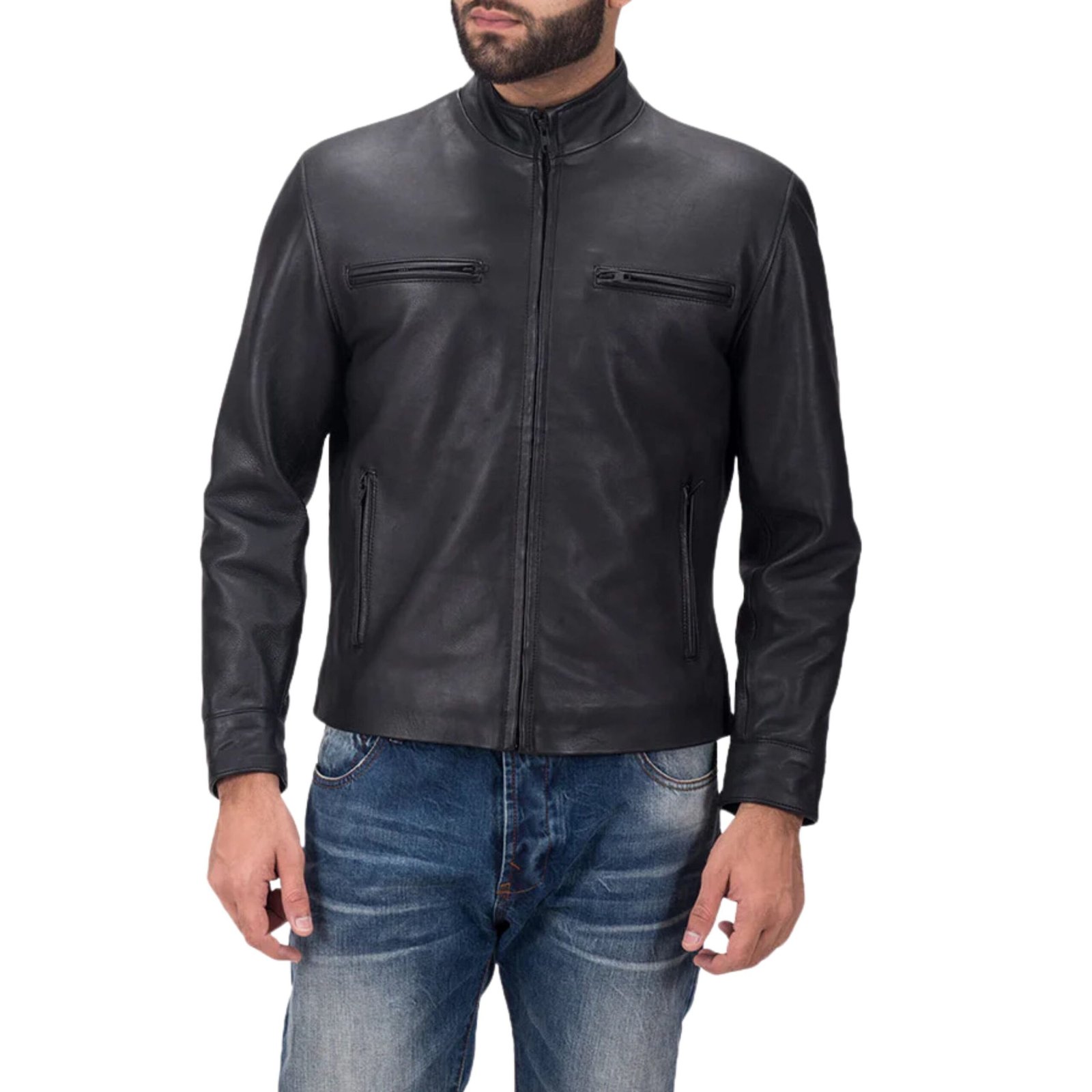 4 AUSTERE MATTE BLACK LEATHER BIKER JACKET
