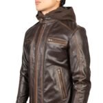 HECTOR VINTAGE BROWN HOODED LEATHER BIKER JACKET