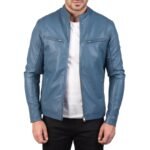 IONIC BLUE LEATHER BIKER JACKET