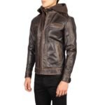 HECTOR VINTAGE BROWN HOODED LEATHER BIKER JACKET
