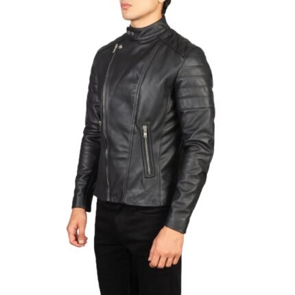Faisor black leather biker jacket with sleek design, durable leather, and bold detailing for a stylish, edgy, and timeless look on or off the bike.