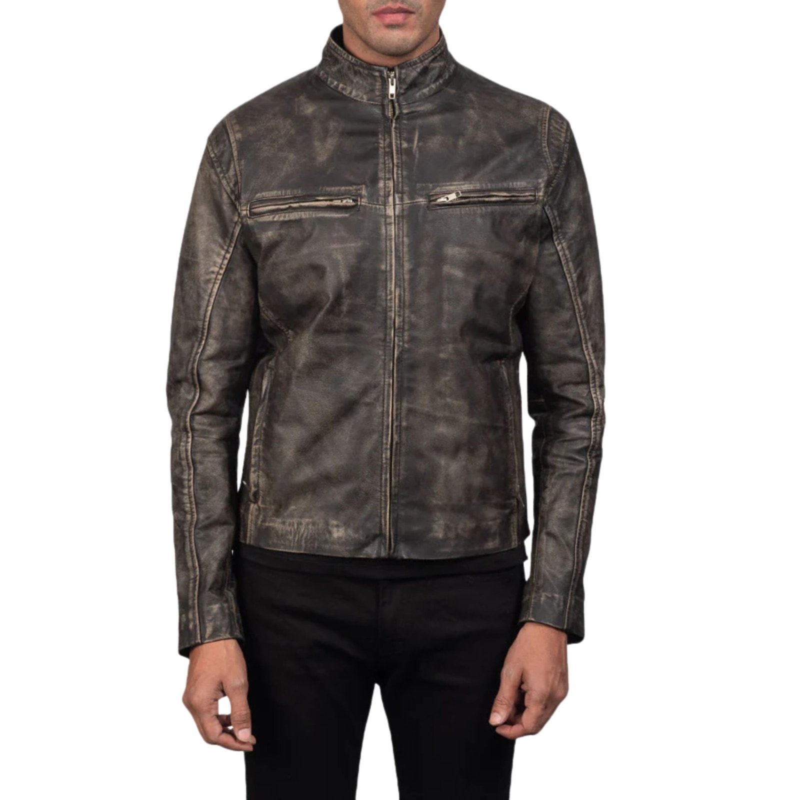 6 IONIC DISTRESSED BROWN LEATHER BIKER JACKET