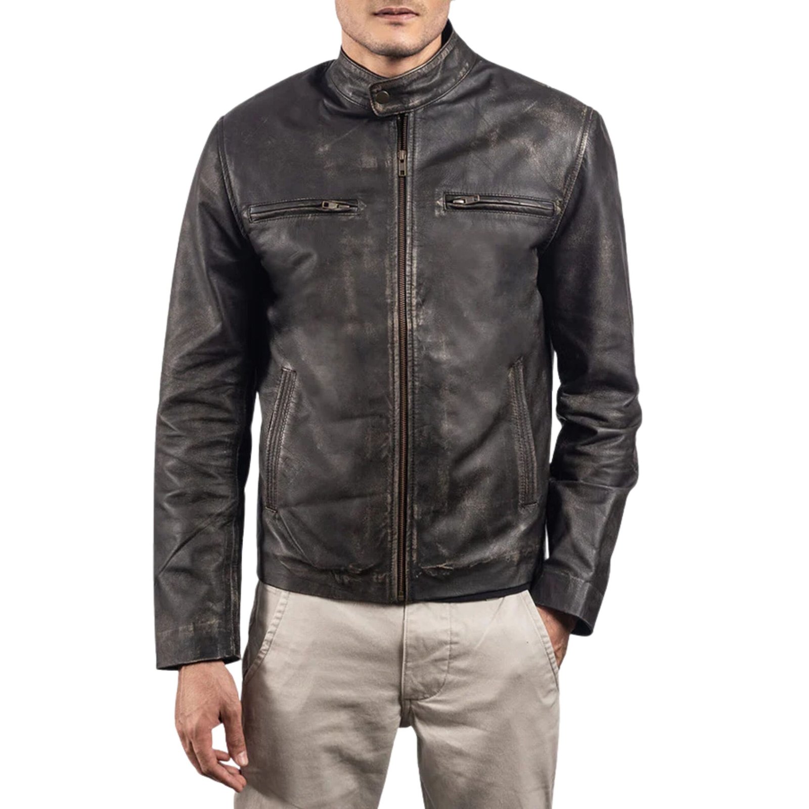 6 RUSTIC BROWN LEATHER BIKER JACKET