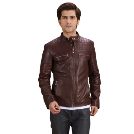 URBANE QUILTED MAROON LEATHER BIKER JACKET