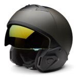 THREE‑QUARTER HELMET WITH VENTING AND PERFORATED FACE MASK DETAILS