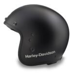 SIDE PROFILE OF CLASSIC #1 X14 3/4 HELMET SHOWING VISOR AND DOUBLE D‑RING CHIN STRAP